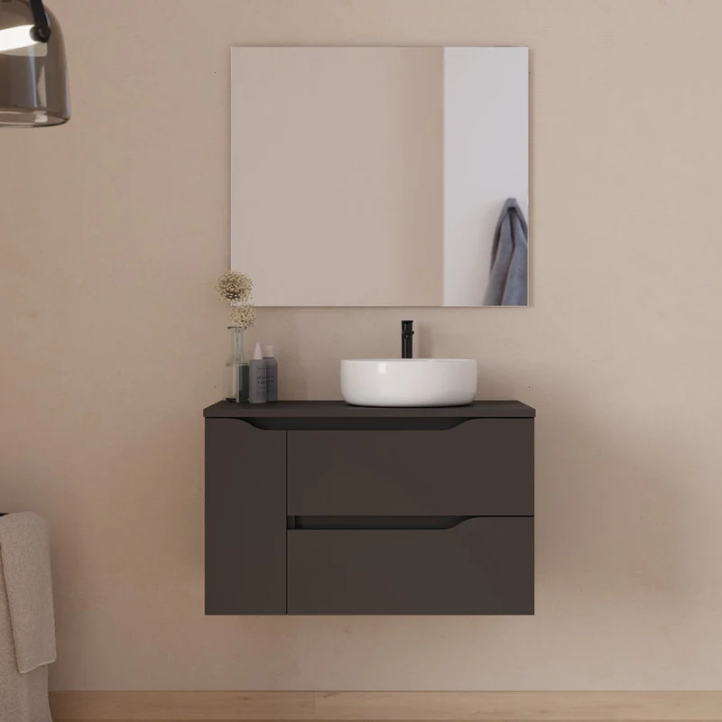 Meuble de salle de bain 80cm avec plateau, vasque à poser déportée à droite Ares et miroir - 2 tiroirs et un placard - ZARZA