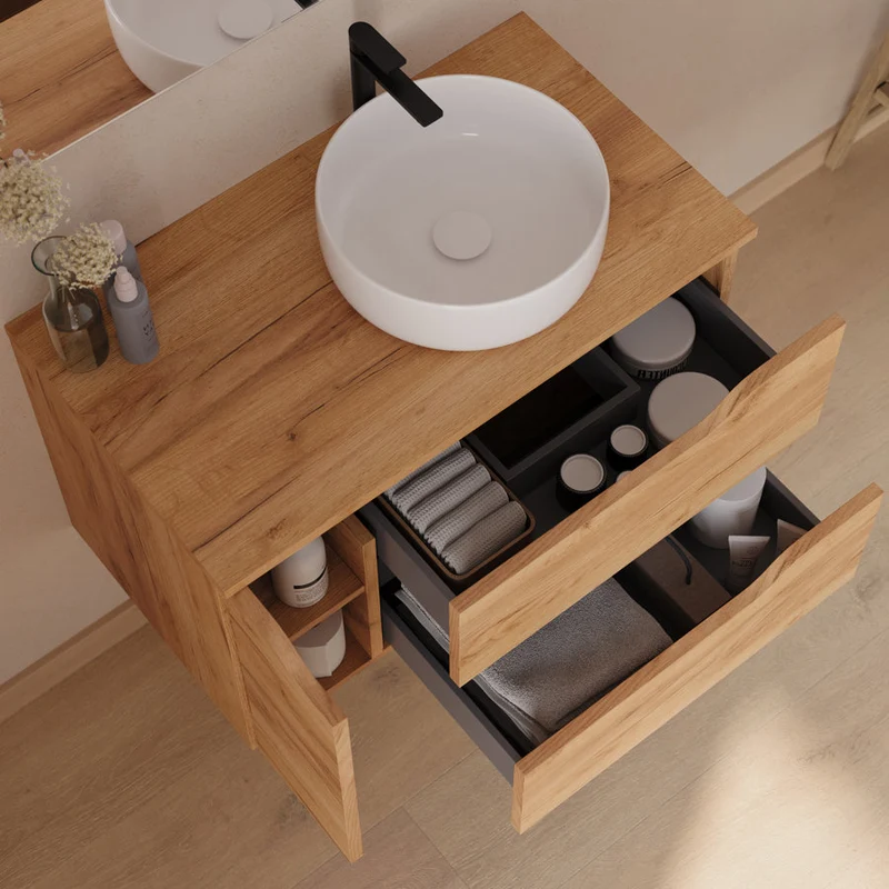 Meuble de salle de bain 80cm avec plateau, vasque à poser déportée à droite Ares et miroir - 2 tiroirs et un placard - ZARZA