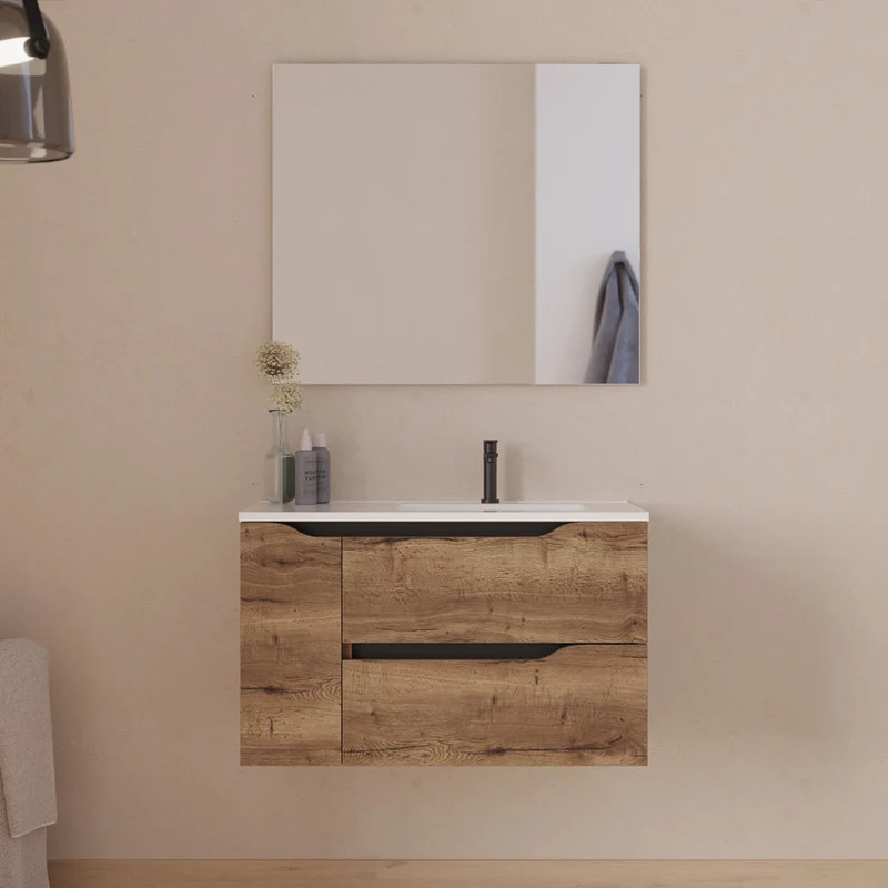 Meuble de salle de bain 80cm avec vasque déportée à droite et miroir - 2 tiroirs et un placard - ZARZA