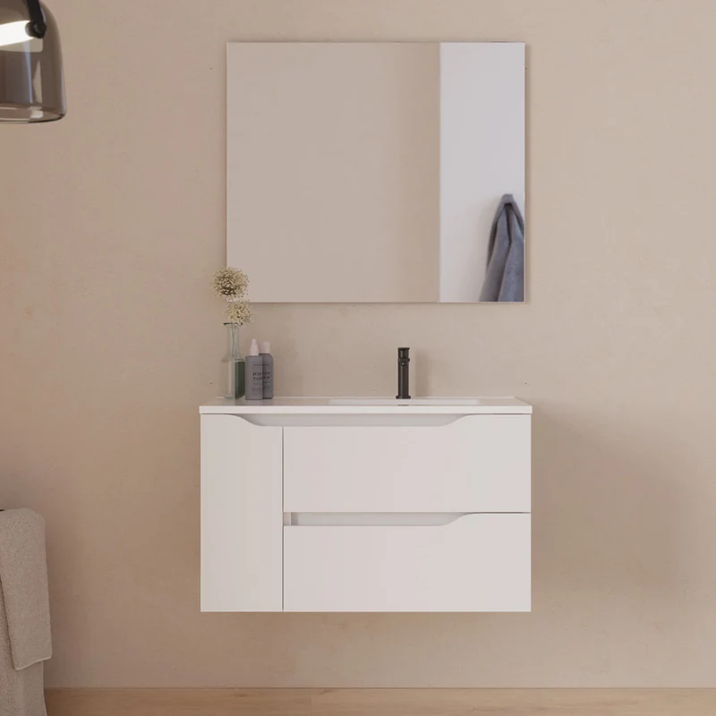 Meuble de salle de bain 80cm avec vasque déportée à droite et miroir - 2 tiroirs et un placard - ZARZA