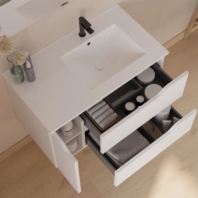 Meuble de salle de bain 80cm avec vasque déportée à droite et miroir - 2 tiroirs et un placard - ZARZA