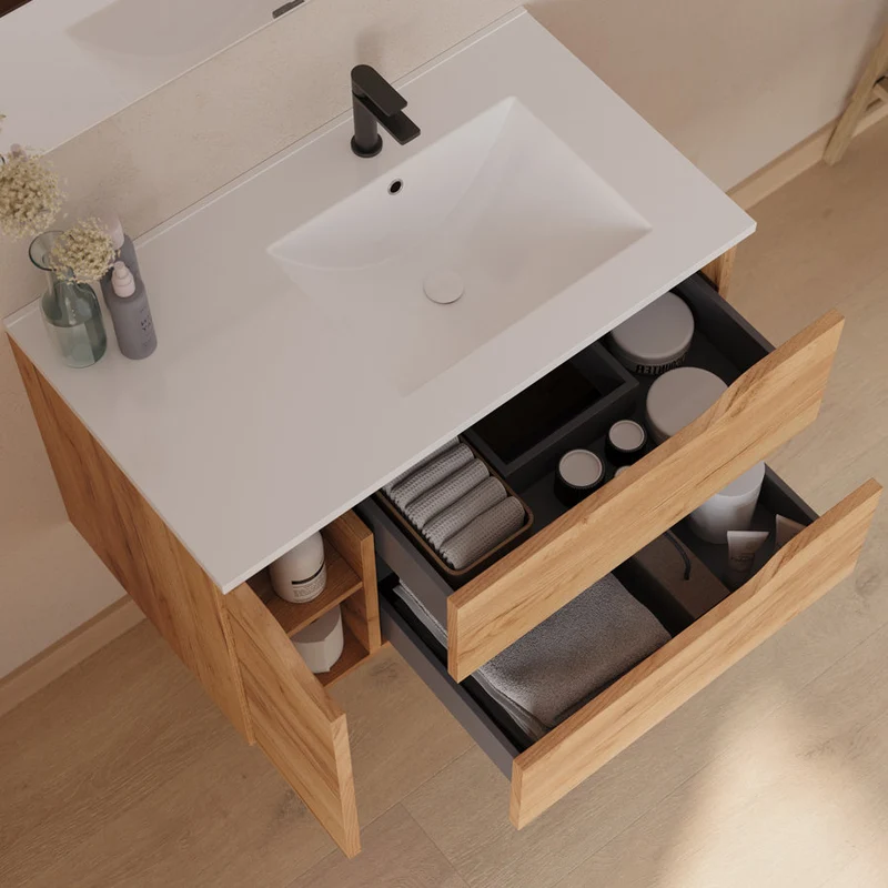Meuble de salle de bain 80cm avec vasque déportée à droite et miroir - 2 tiroirs et un placard - ZARZA