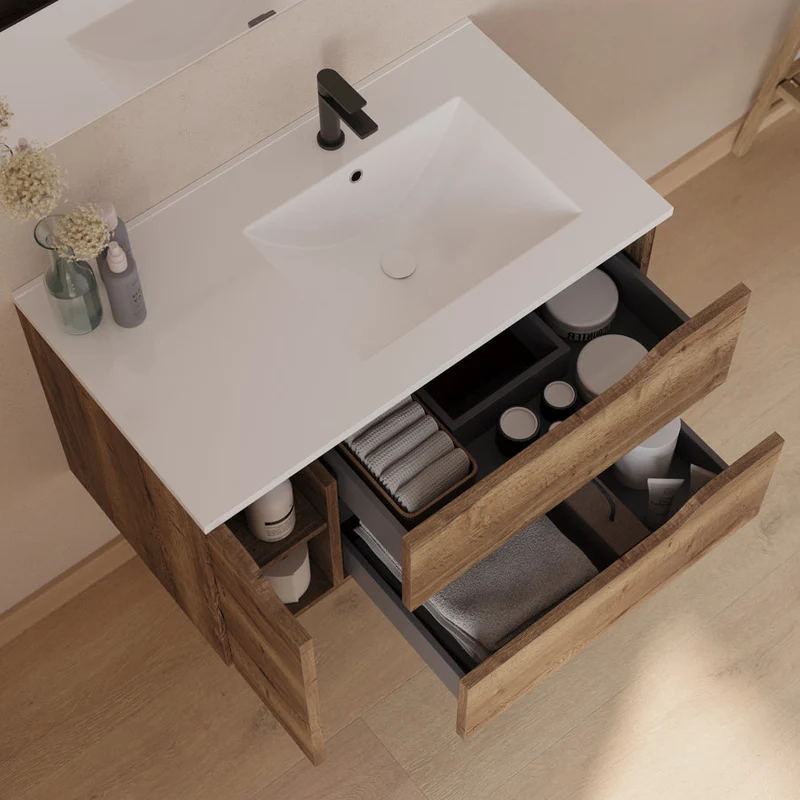 Meuble de salle de bain 80cm avec vasque déportée à droite et miroir - 2 tiroirs et un placard - ZARZA