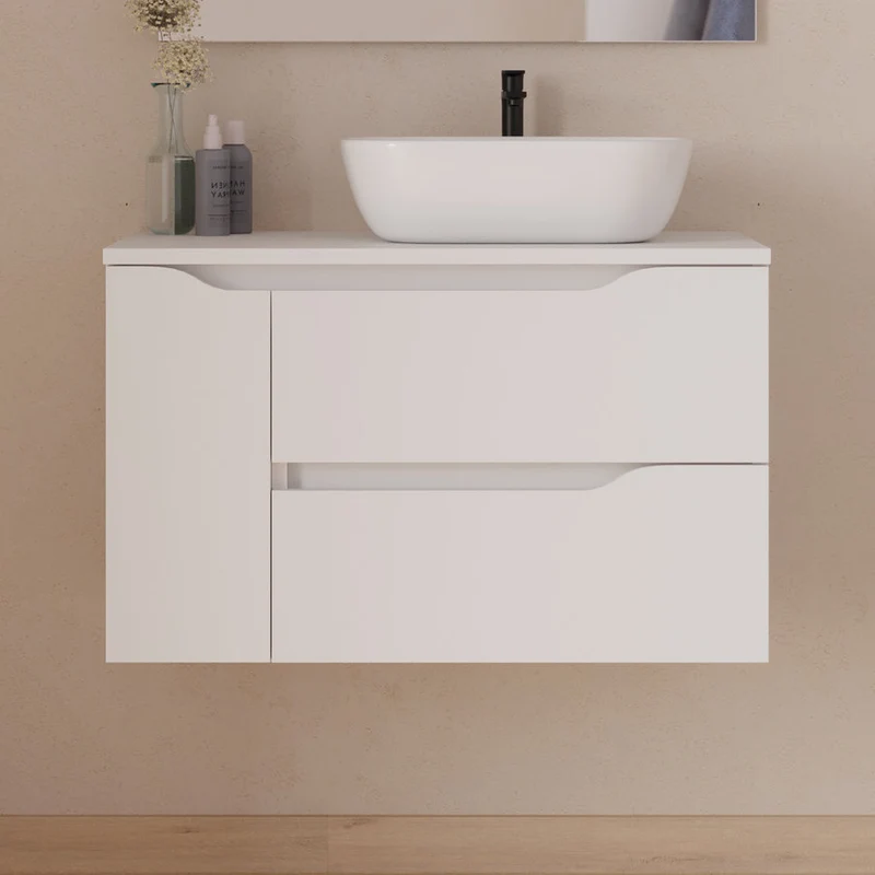 Meuble de salle de bain 80cm avec plateau et vasque à poser déportée à droite Zeus - sans miroir - 2 tiroirs et un placard - ZARZA