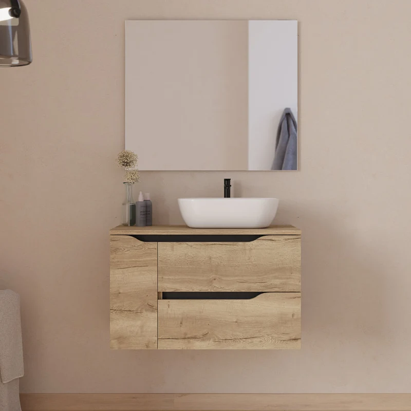 Meuble de salle de bain 80cm avec plateau et vasque à poser déportée à droite Zeus - sans miroir - 2 tiroirs et un placard - ZARZA