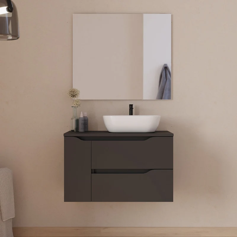 Meuble de salle de bain 80cm avec plateau et vasque à poser déportée à droite Zeus - sans miroir - 2 tiroirs et un placard - ZARZA