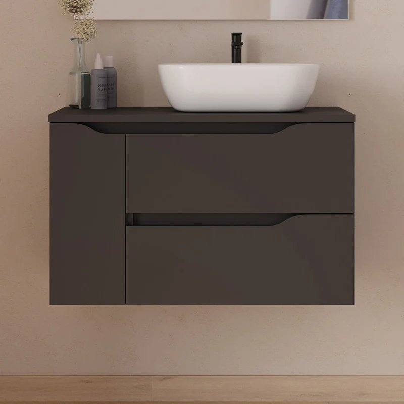 Meuble de salle de bain 80cm avec plateau et vasque à poser déportée à droite Zeus - sans miroir - 2 tiroirs et un placard - ZARZA