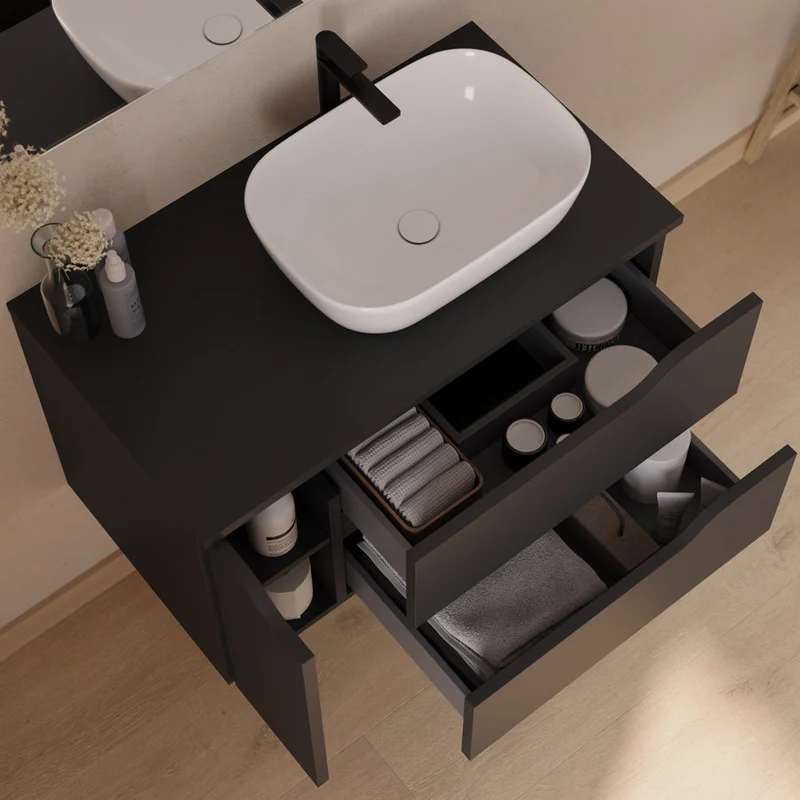 Meuble de salle de bain 80cm avec plateau et vasque à poser déportée à droite Zeus - sans miroir - 2 tiroirs et un placard - ZARZA