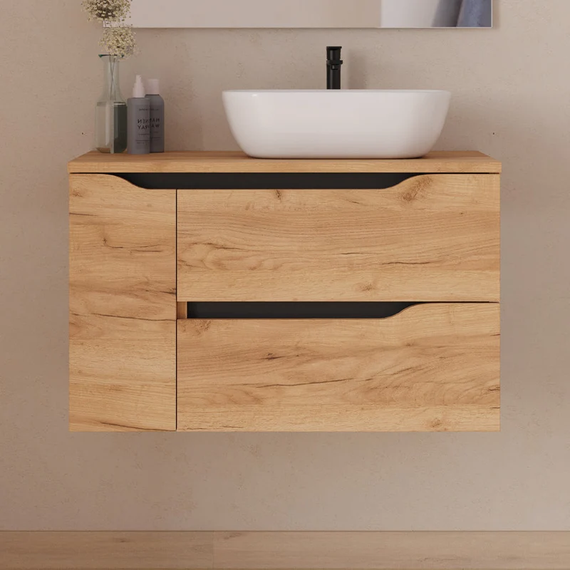 Meuble de salle de bain 80cm avec plateau et vasque à poser déportée à droite Zeus - sans miroir - 2 tiroirs et un placard - ZARZA