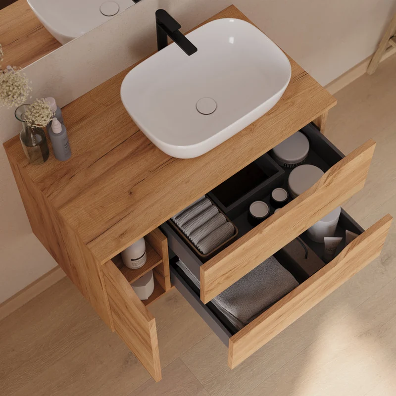 Meuble de salle de bain 80cm avec plateau et vasque à poser déportée à droite Zeus - sans miroir - 2 tiroirs et un placard - ZARZA