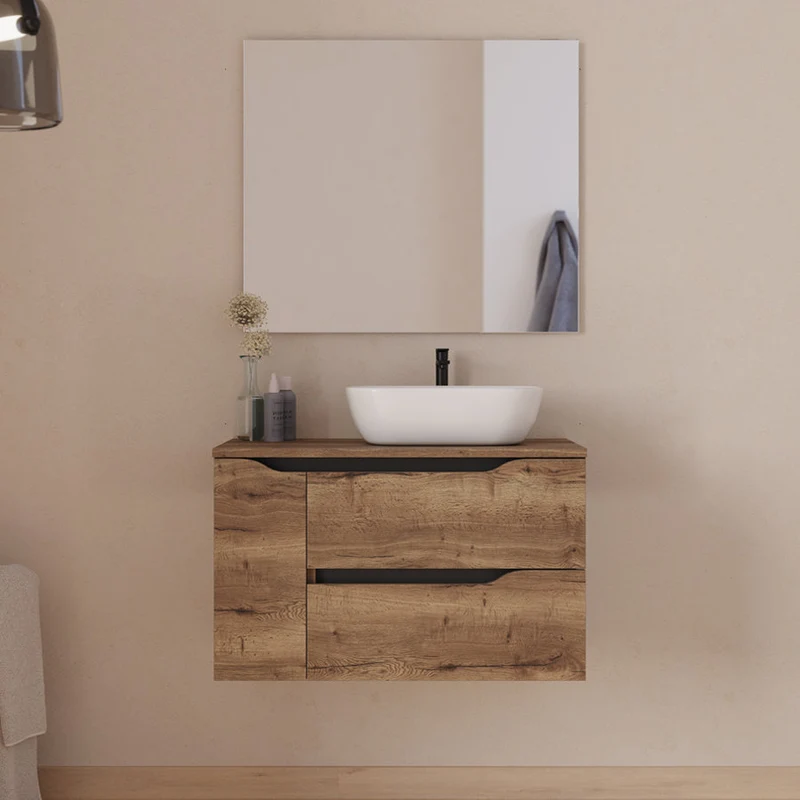 Meuble de salle de bain 80cm avec plateau et vasque à poser déportée à droite Zeus - sans miroir - 2 tiroirs et un placard - ZARZA