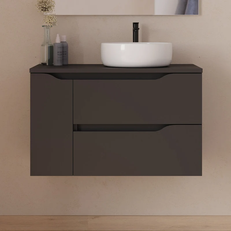 Meuble de salle de bain 80cm avec plateau et vasque à poser déportée à droite Ares - sans miroir - 2 tiroirs et un placard - ZARZA
