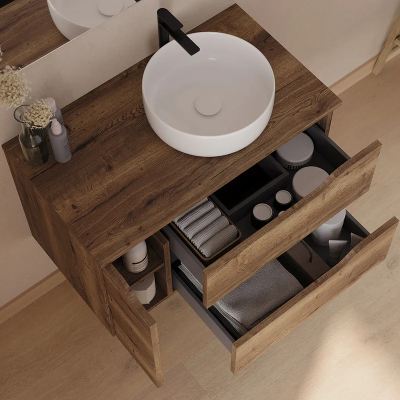 Meuble de salle de bain 80cm avec plateau et vasque à poser déportée à droite Ares - sans miroir - 2 tiroirs et un placard - ZARZA