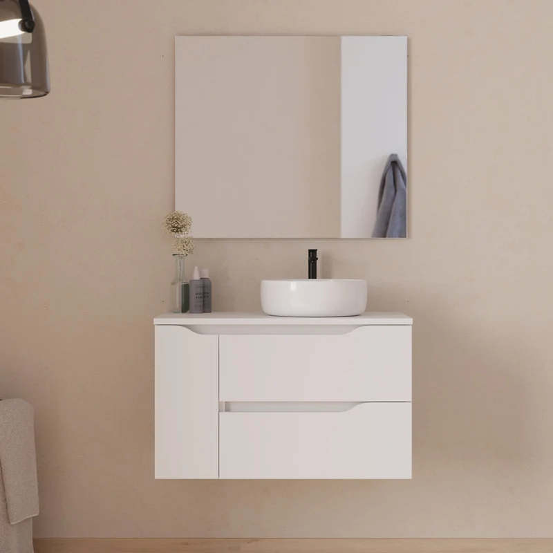 Meuble de salle de bain 80cm avec plateau et vasque à poser déportée à droite Ares - sans miroir - 2 tiroirs et un placard - ZARZA