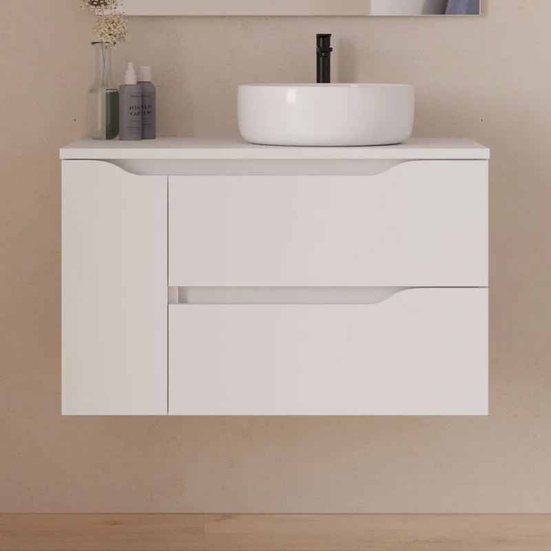 Meuble de salle de bain 80cm avec plateau et vasque à poser déportée à droite Ares - sans miroir - 2 tiroirs et un placard - ZARZA