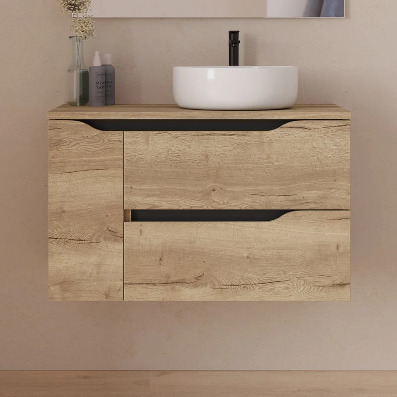 Meuble de salle de bain 80cm avec plateau et vasque à poser déportée à droite Ares - sans miroir - 2 tiroirs et un placard - ZARZA