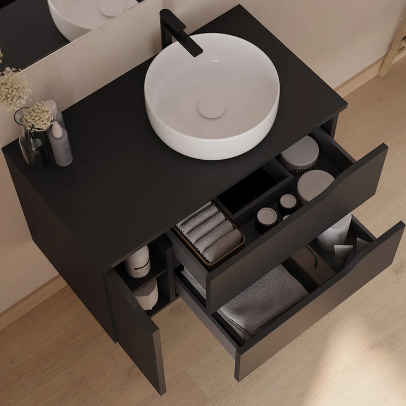 Meuble de salle de bain 80cm avec plateau et vasque à poser déportée à droite Ares - sans miroir - 2 tiroirs et un placard - ZARZA