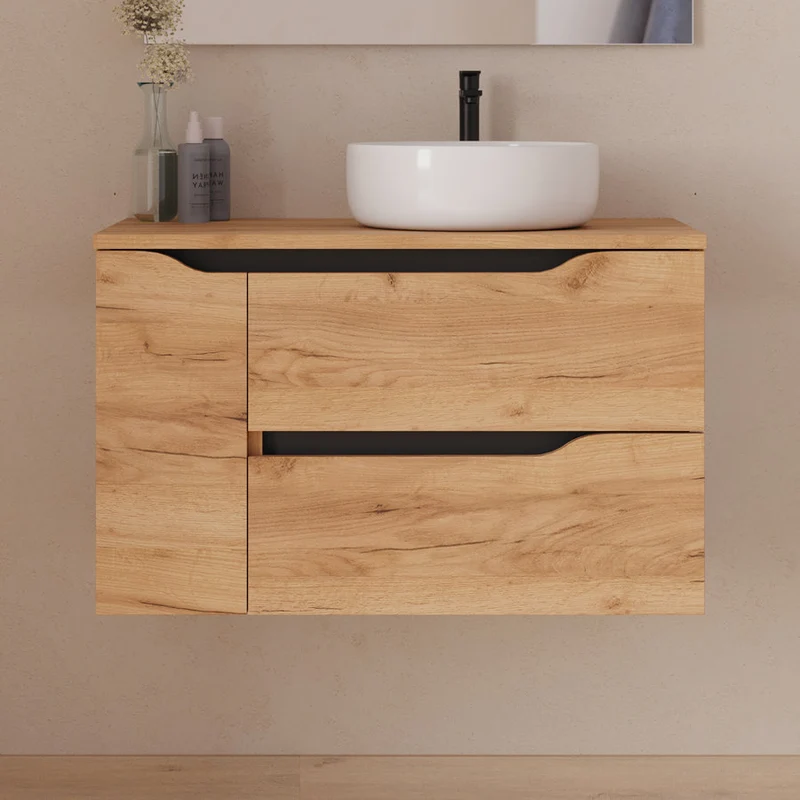 Meuble de salle de bain 80cm avec plateau et vasque à poser déportée à droite Ares - sans miroir - 2 tiroirs et un placard - ZARZA