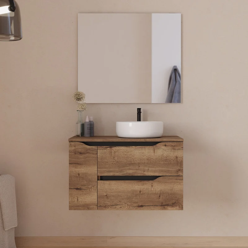Meuble de salle de bain 80cm avec plateau et vasque à poser déportée à droite Ares - sans miroir - 2 tiroirs et un placard - ZARZA