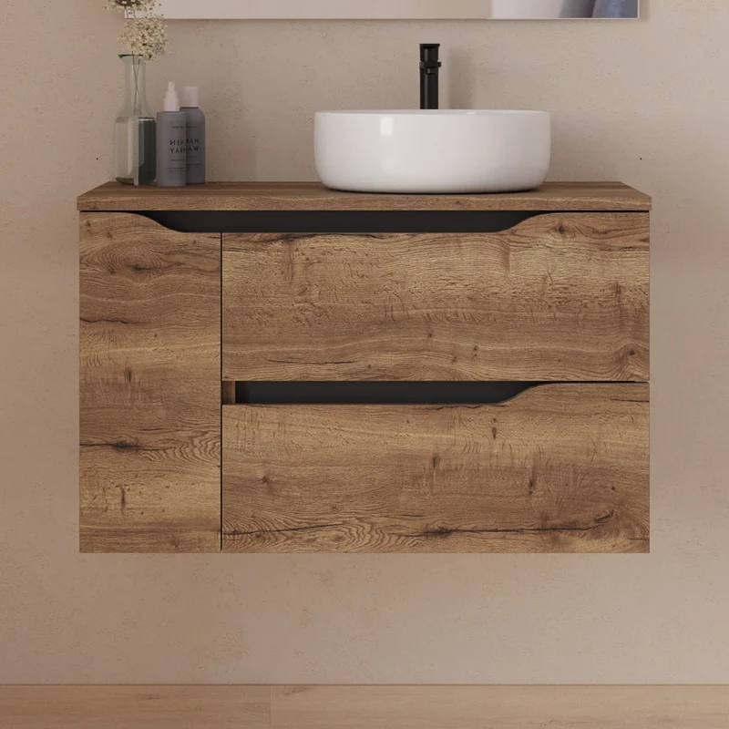 Meuble de salle de bain 80cm avec plateau et vasque à poser déportée à droite Ares - sans miroir - 2 tiroirs et un placard - ZARZA