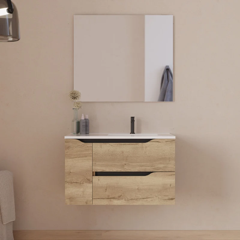 Meuble de salle de bain 80cm avec vasque déportée à droite - sans miroir - 2 tiroirs et un placard - ZARZA