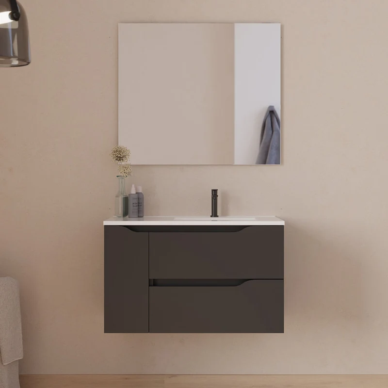 Meuble de salle de bain 80cm avec vasque déportée à droite - sans miroir - 2 tiroirs et un placard - ZARZA