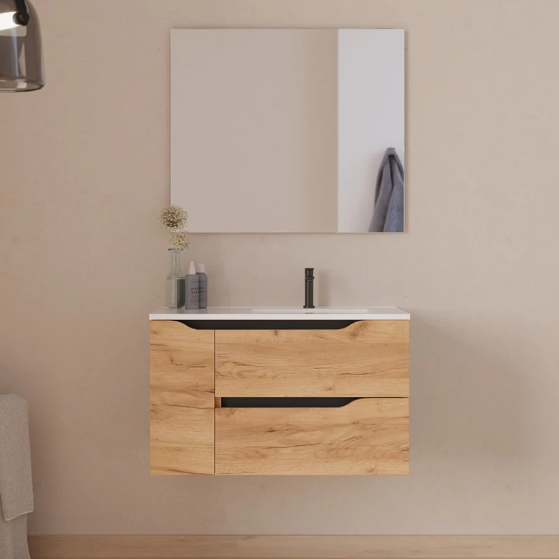 Meuble de salle de bain 80cm avec vasque déportée à droite - sans miroir - 2 tiroirs et un placard - ZARZA