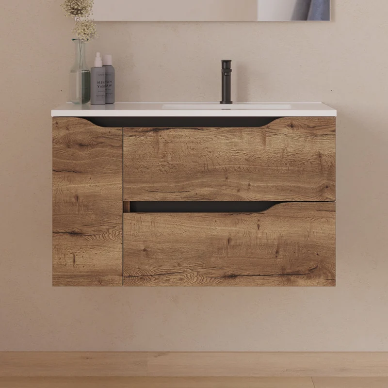 Meuble de salle de bain 80cm avec vasque déportée à droite - sans miroir - 2 tiroirs et un placard - ZARZA