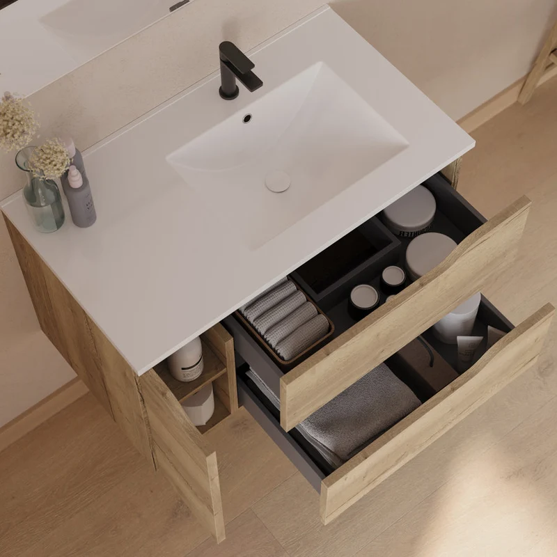 Meuble de salle de bain 80cm avec vasque déportée à droite - sans miroir - 2 tiroirs et un placard - ZARZA
