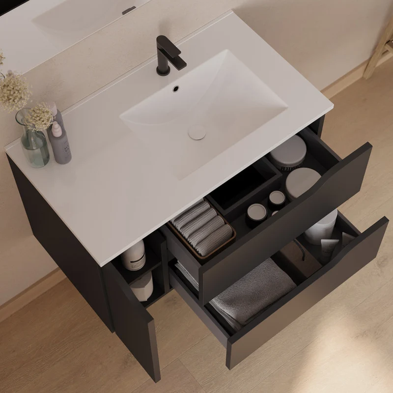 Meuble de salle de bain 80cm avec vasque déportée à droite - sans miroir - 2 tiroirs et un placard - ZARZA