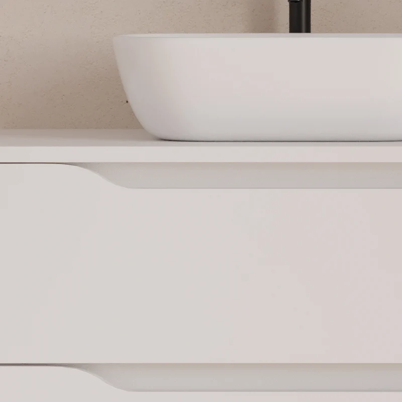 Meuble de salle de bain 120cm avec plateau, vasque à poser déportée à gauche Zeus et miroir - 2 tiroirs et un placard - ZARZA