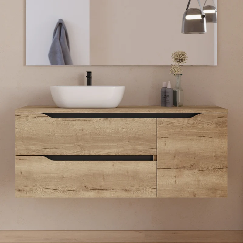 Meuble de salle de bain 120cm avec plateau, vasque à poser déportée à gauche Zeus et miroir - 2 tiroirs et un placard - ZARZA