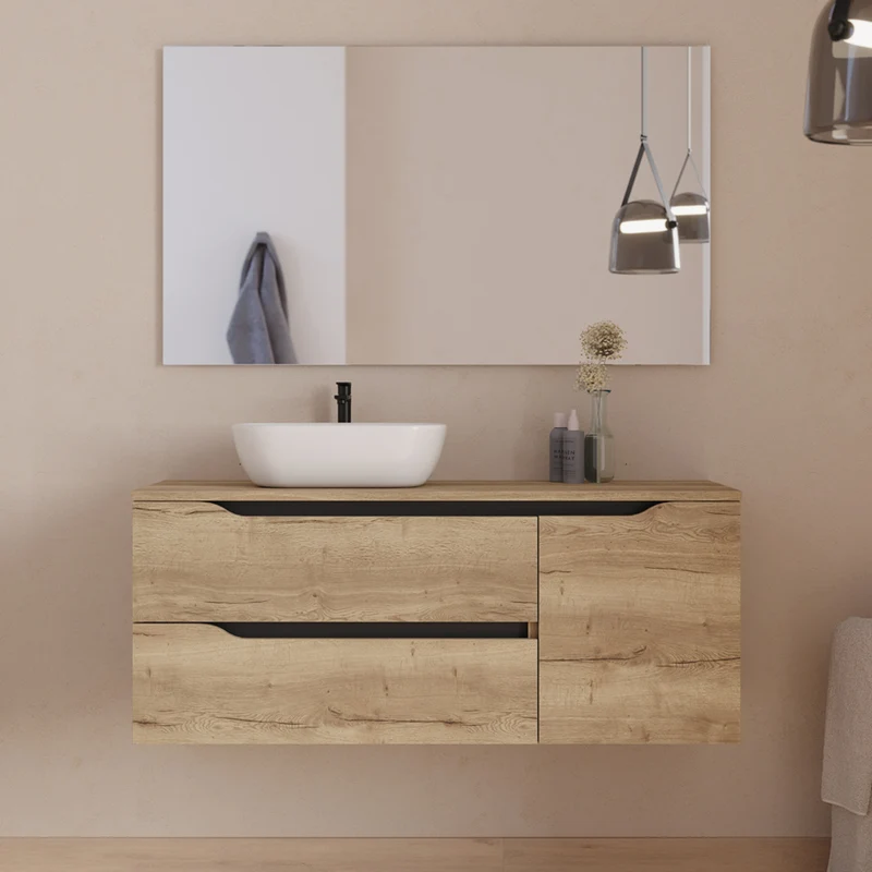 Meuble de salle de bain 120cm avec plateau, vasque à poser déportée à gauche Zeus et miroir - 2 tiroirs et un placard - ZARZA