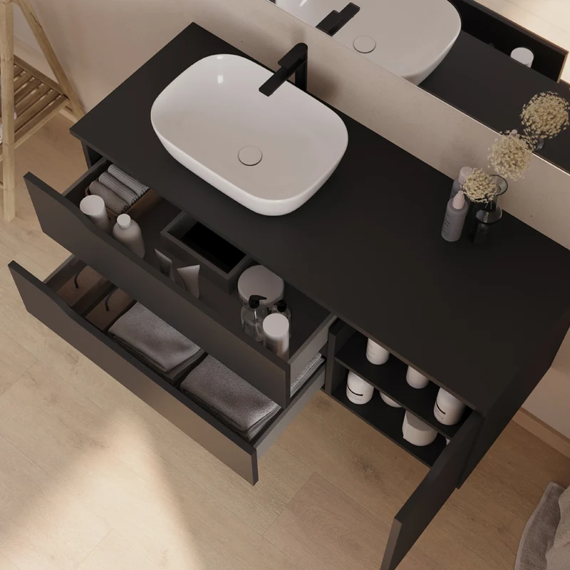 Meuble de salle de bain 120cm avec plateau, vasque à poser déportée à gauche Zeus et miroir - 2 tiroirs et un placard - ZARZA