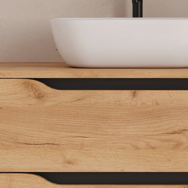 Meuble de salle de bain 120cm avec plateau, vasque à poser déportée à gauche Zeus et miroir - 2 tiroirs et un placard - ZARZA