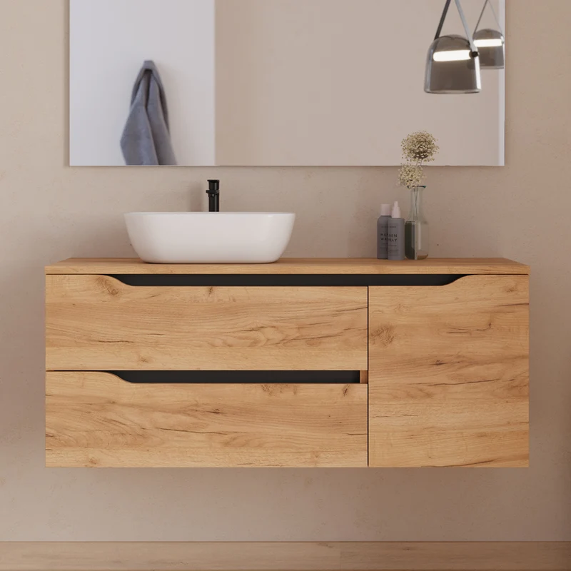 Meuble de salle de bain 120cm avec plateau, vasque à poser déportée à gauche Zeus et miroir - 2 tiroirs et un placard - ZARZA