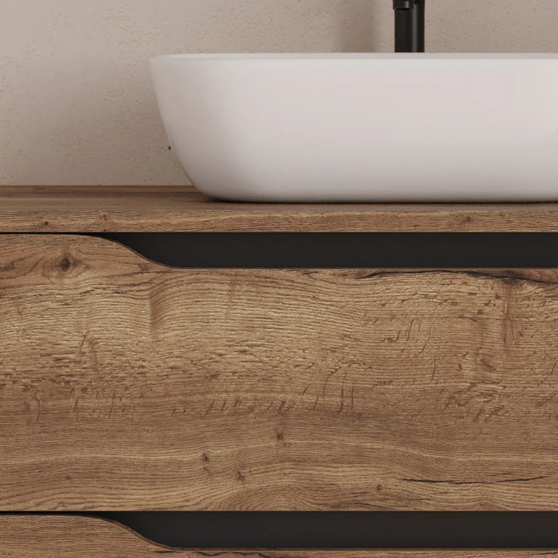 Meuble de salle de bain 120cm avec plateau, vasque à poser déportée à gauche Zeus et miroir - 2 tiroirs et un placard - ZARZA