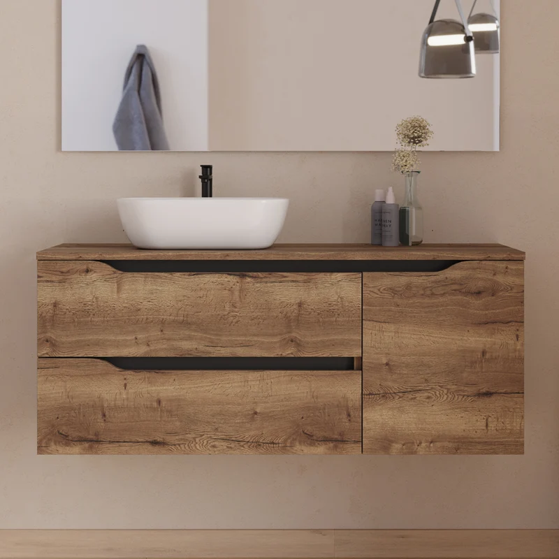 Meuble de salle de bain 120cm avec plateau, vasque à poser déportée à gauche Zeus et miroir - 2 tiroirs et un placard - ZARZA