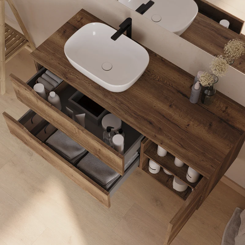 Meuble de salle de bain 120cm avec plateau, vasque à poser déportée à gauche Zeus et miroir - 2 tiroirs et un placard - ZARZA