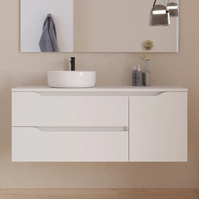 Meuble de salle de bain 120cm avec plateau, vasque à poser déportée à gauche Ares et miroir - 2 tiroirs et un placard - ZARZA