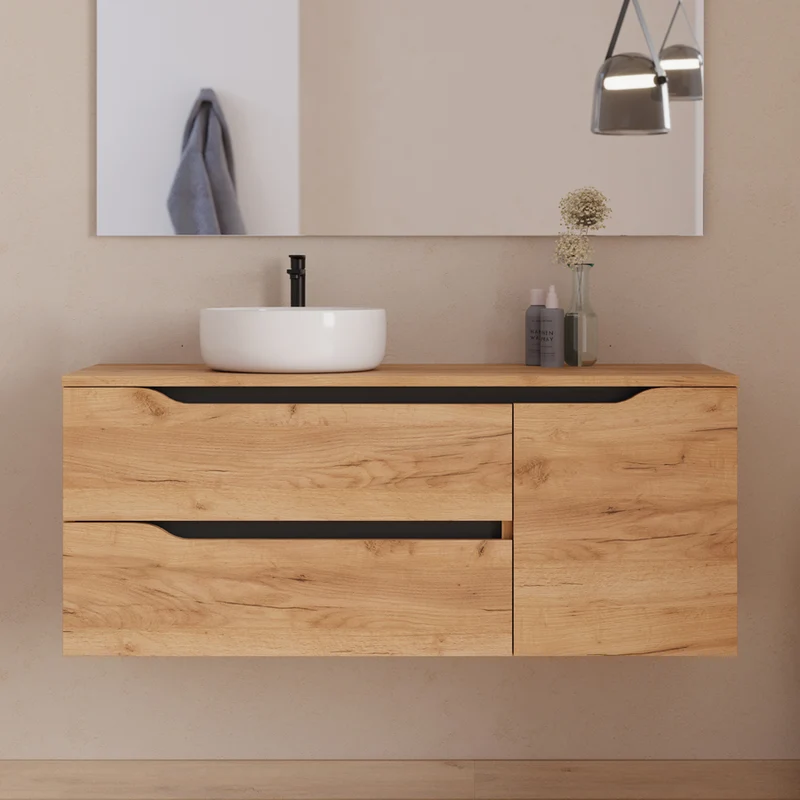 Meuble de salle de bain 120cm avec plateau, vasque à poser déportée à gauche Ares et miroir - 2 tiroirs et un placard - ZARZA