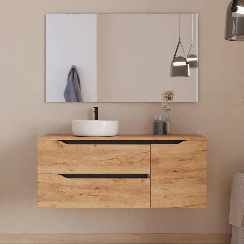 Meuble de salle de bain 120cm avec plateau, vasque à poser déportée à gauche Ares et miroir - 2 tiroirs et un placard - ZARZA