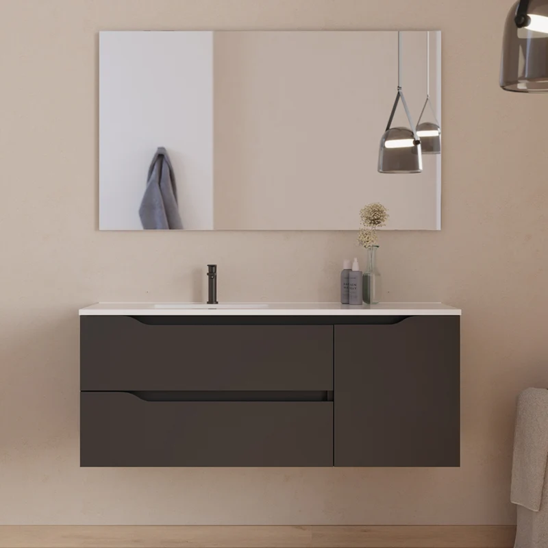 Meuble de salle de bain 120cm avec vasque déportée à gauche et miroir - 2 tiroirs et un placard - ZARZA