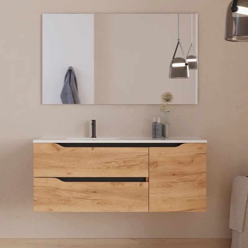 Meuble de salle de bain 120cm avec vasque déportée à gauche et miroir - 2 tiroirs et un placard - ZARZA