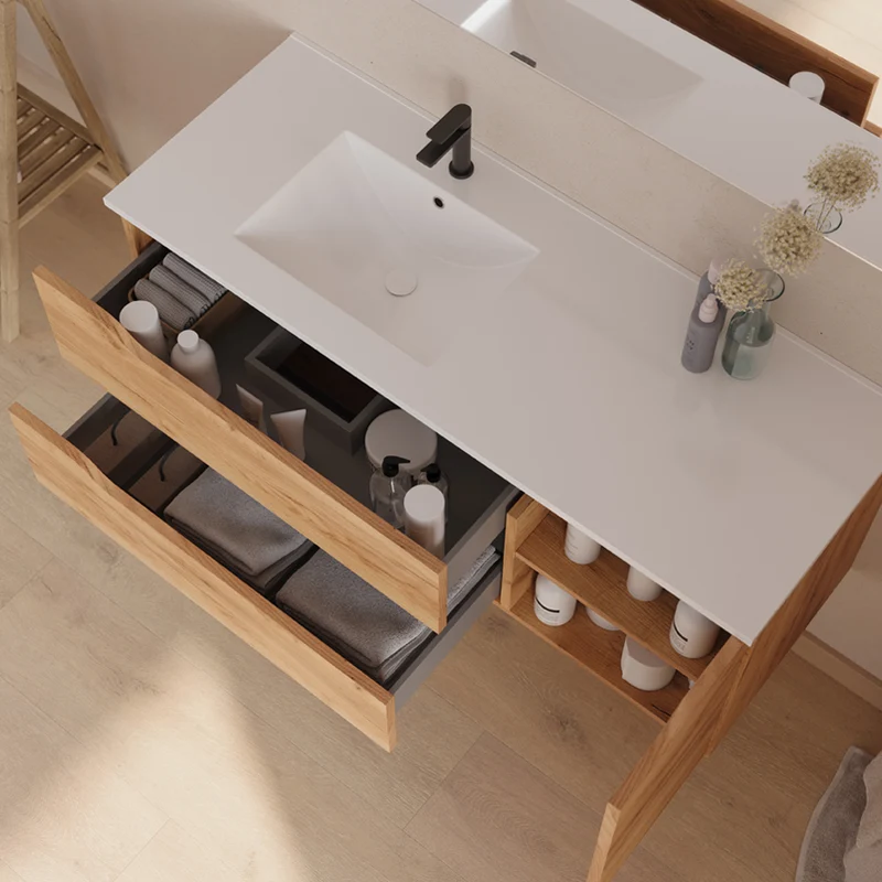 Meuble de salle de bain 120cm avec vasque déportée à gauche et miroir - 2 tiroirs et un placard - ZARZA