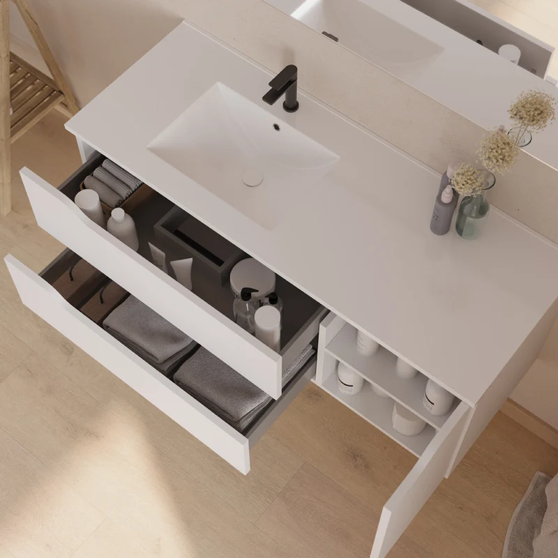 Meuble de salle de bain 120cm avec vasque déportée à gauche et miroir - 2 tiroirs et un placard - ZARZA
