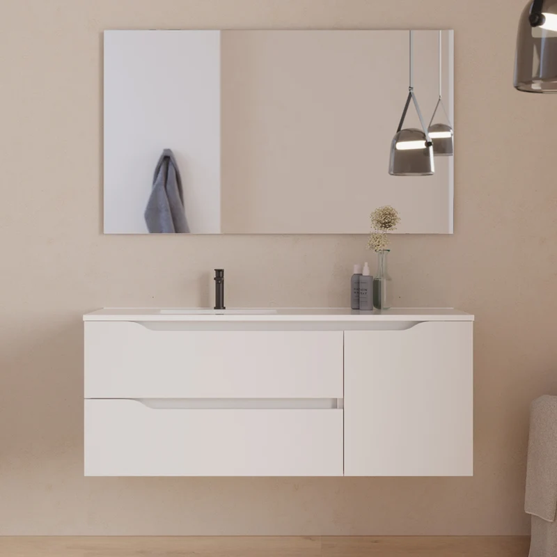 Meuble de salle de bain 120cm avec vasque déportée à gauche et miroir - 2 tiroirs et un placard - ZARZA