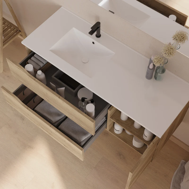Meuble de salle de bain 120cm avec vasque déportée à gauche et miroir - 2 tiroirs et un placard - ZARZA