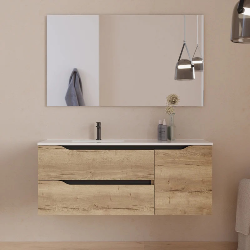 Meuble de salle de bain 120cm avec vasque déportée à gauche et miroir - 2 tiroirs et un placard - ZARZA