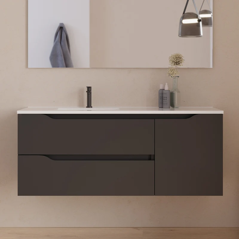 Meuble de salle de bain 120cm avec vasque déportée à gauche et miroir - 2 tiroirs et un placard - ZARZA